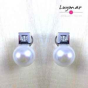 Pendientes ,"Tú y Yo", de Perla y Circonita mini en chatonne cuadrado abierto