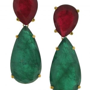 Pendientes de Plata dorada con doblete de Cuarzo y Terbium rojo Rubí, y verde Esmeralda